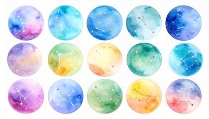 Zodiac Constellations in Watercolor Circles &ndash; Used in astrology apps and prints