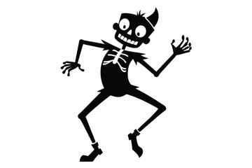 Playful cartoon skeleton with large eyes joyfully dances against a stark white background