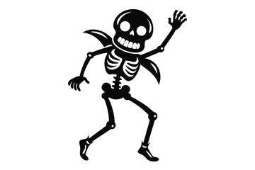 Cheerful black skeleton with bony wings dances and joyfully raises an arm upward