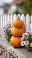 Charming autumn pumpkin tower display with white fence and pink mums