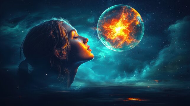 A flat-style man, his face illuminated with an inner glow, gazes into the depths of thought as a vibrant bubble of ideas materializes above his head, symbolizing the power of brainstorming, 