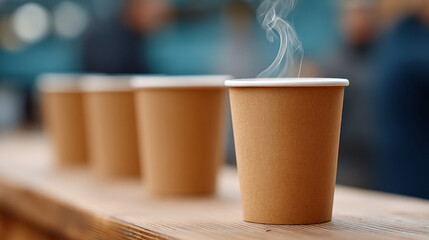 Vertical row of takeaway coffee cups in a modern coworking space environment