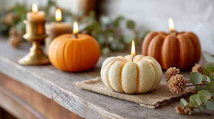 Candlelight glow on autumn mantel with rustic decor and pumpkins
