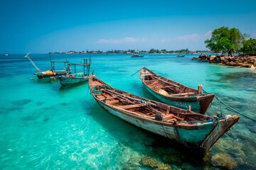 Obraz premium Three weathered boats rest in tranquil turquoise waters off a tropical island. Lush greenery and distant buildings create a picturesque coastal backdrop on a bright day