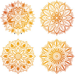 Four orange and yellow gradient flower mandala designs arranged in a square on a white background