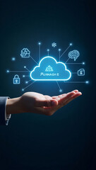 A person's hand holding a luminous cloud with digital icons, symbolizing data storage and online technology