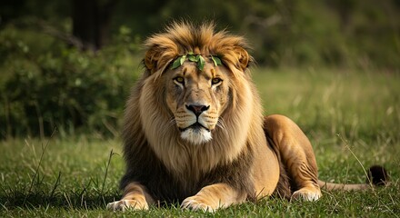 Fototapeta premium Majestic lion king with leaf crown resting in green grass wildlife animal nature photography portrait big cat