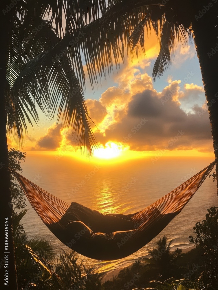Poster hammock swaying gently between palm trees against a vibrant sunset over the ocean with an open sky a