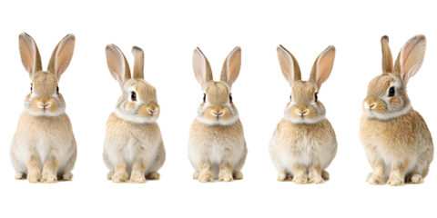Studio portrait of cute rabbits on white or transparent background, happy bunny running on floor, adorable fluffy rabbit that sniffing
