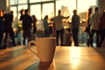 A single white coffee mug sits on a wooden table,  blurred figures of people enjoying an event in the background at sunset