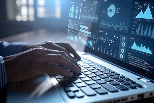 Data analytics and graphs. Analysis of statistical business marketing data. Data scientist using laptop computer to analyze data.