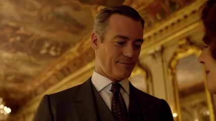 Elegant man wearing a suit amidst a formal event with chandeliers and ornate architecture, a gala atmosphere, and a luxurious ambiance.