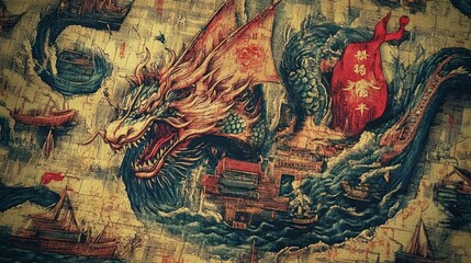Fototapeta premium Vintage Dragon Map Art