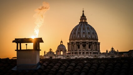 White smoke rises from the chapel chimney, indicating the successful election of a new pope during the papal conclave.