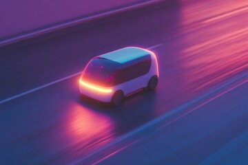 Naklejka premium Futuristic autonomous vehicle on neon-lit road at dusk