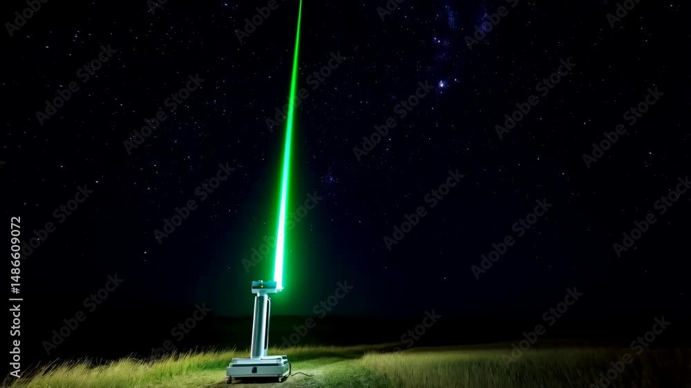 Poster green laser beam projecting upwards at night into star field from a machine standing in field of gra