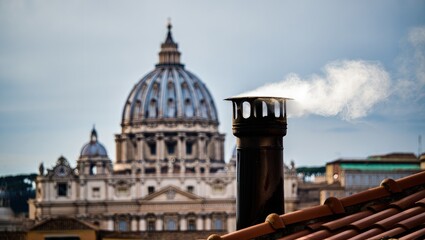 White smoke rises from the chapel chimney, indicating the successful election of a new pope during the papal conclave.