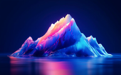 A glowing abstract iceberg radiates vibrant neon colors over calm water