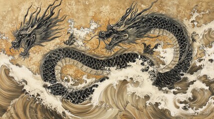 Obraz premium Majestic Dragons Dance on the Waves: A Stunning Asian Art Piece