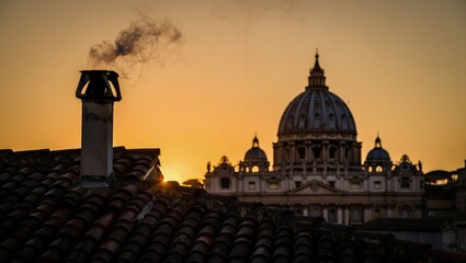 White smoke rises from the chapel chimney, indicating the successful election of a new pope during the papal conclave.