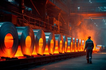 A worker in protective gear examines glowing steel coils in a manufacturing plant. The heat from the coils casts a warm light, creating an industrial atmosphere during the evening