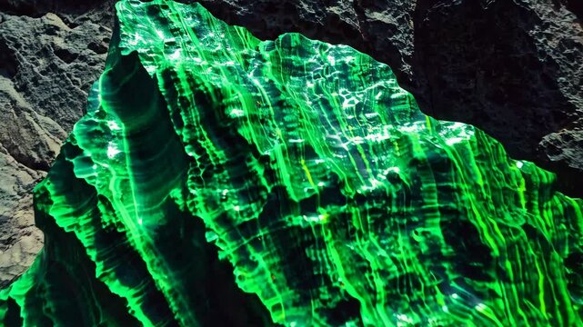 Intense green malachite gemstone specimen with banded pattern and rocky background, showcases vibrant color and mineral formation.