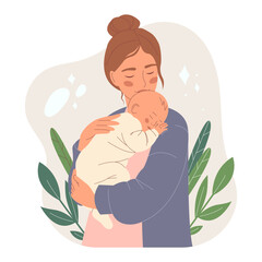 Tender mother holding a sleeping baby in her arms. Loving motherhood and childcare concept. Happy Mother's Day. Warm and heartwarming vector hand drawn flat  illustration. Family and baby care.
