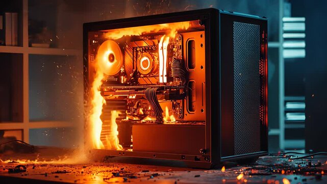 Computer case engulfed in flames during intense build process in a cozy room