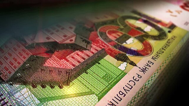 Belarus money Belarusian rubel counting. 100 BYN banknotes. Fast cash note count macro loop. Business, finance and economy. Loopable and seamless concept.