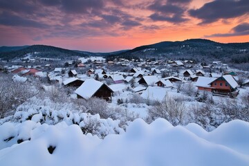 Snowy Village at Sunset