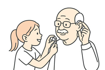Young girl helping elderly man fit hearing aid at home  