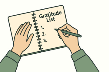 Hands writing gratitude list in a notebook with a green pen  