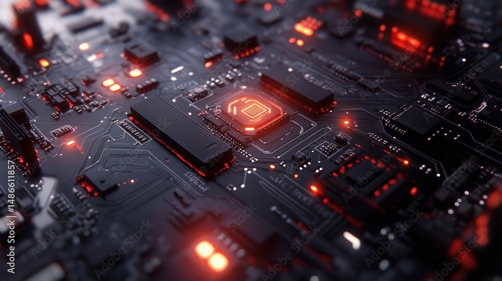 Poster close-up view of illuminated circuit board technology.