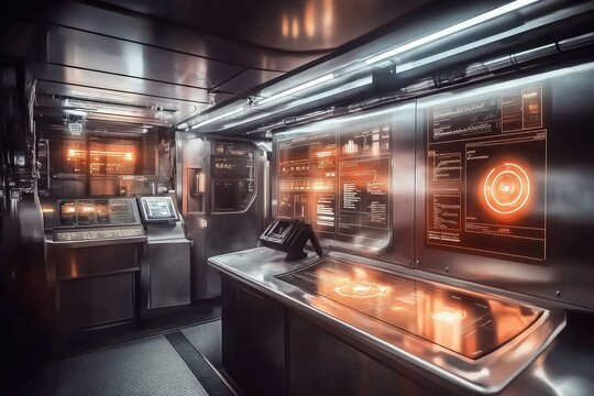 Futuristic control room with glowing screens