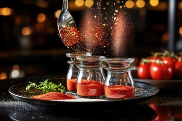 Spice jars, dispersed red powder