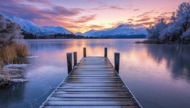 Frozen lake, wooden dock, sunrise over snowy mountains - Powered by Adobe