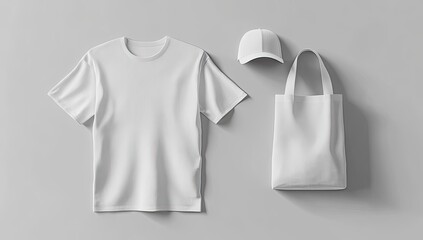 Blank white t-shirt, baseball cap, and tote bag on gray background