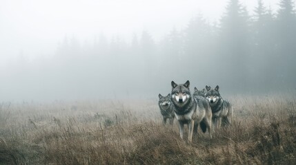 Majestic Wolves Walking Through Foggy Landscape in Serene Wilderness with Lush Green Grass and Tall Trees Surrounding the Tranquil Scene