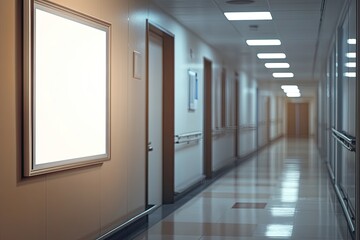 Empty hallway in a hospital, with a blank sign on the wall