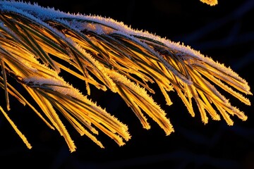 Frozen pine needles illuminated by dawn light