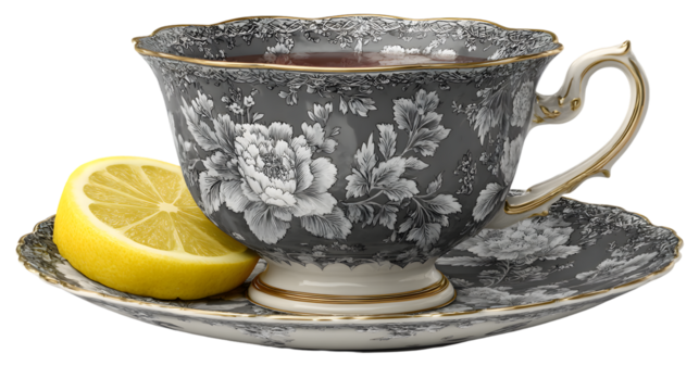 Teacup with lemon slice floral pattern elegant tableware gray porcelain tea time hot bever
