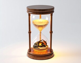 Wooden Hourglass with Sand Flowing Inside its Glass Bulb on White Background