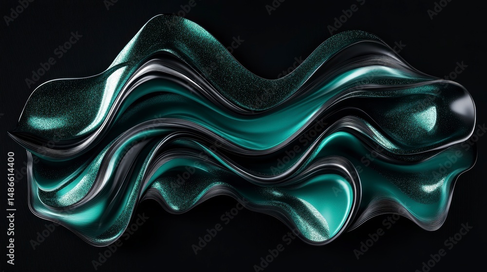 Poster abstract teal and black wavy 3d render on dark background.