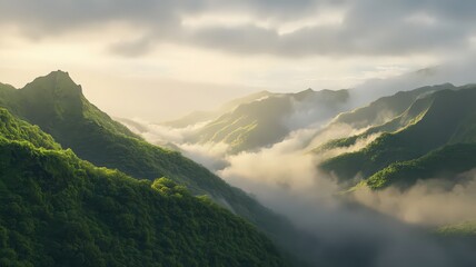 Fototapeta premium A Misty Mountain Range at Sunrise Featuring Soft Pastel Tones and Lush Green Valleys
