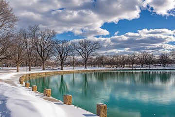 Winter park scene with calm lake