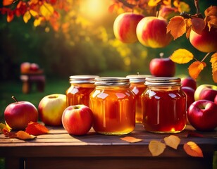 Apfelmus im Glas mit frischen Äpfeln im Garten