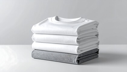Stack Of Folded White And Gray T Shirts On White Surface Studio Shot