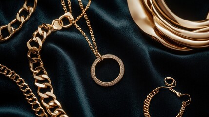 Gold jewelry collection necklaces bracelets chains on velvet