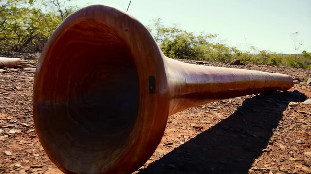 Traditional wooden wind instrument in the Australian outback lying on rocky red earth under a clear sky, creating a sense of cultural heritage.