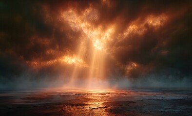 A cinematic scene of an apocalyptic sky with dark clouds and orange rays, set against the backdrop